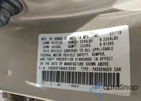 2017 Honda Accord Lx из США, поврежденный, VIN 1HGCR2F38HA016292